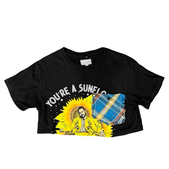 Post Malone Black Yellow Sunflower Cropped Pocket Upcycled Tee size S RCNSTRCT - Picture 2 of 8